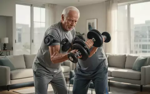 Ein sportlicher Senior trainiert konzentriert mit Hanteln in einem hellen Wohnzimmer. - Foto: über boerse-global.de