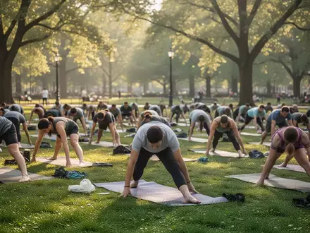 Menschen bei einer Yoga-Übung auf Matten in einem weitläufigen, sonnigen Stadtpark. - Foto: über boerse-global.de