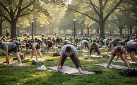 Menschen bei einer Yoga-Übung auf Matten in einem weitläufigen, sonnigen Stadtpark. - Foto: über boerse-global.de