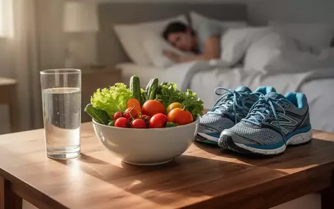 Ein Glas Wasser, frisches Gemüse und Laufschuhe auf einem Tisch in einer hellen, ruhigen Umgebung. - Foto: über boerse-global.de