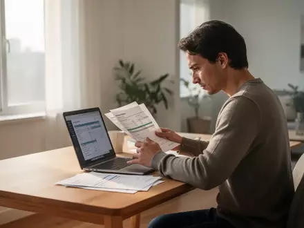 Eine Person sitzt konzentriert an einem Schreibtisch und arbeitet an einem Laptop, um ihre Finanzen zu verwalten. - Foto: über boerse-global.de