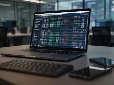 Ein moderner, in gedimmtes Licht getauchter Büroarbeitsplatz mit einem Laptop, auf dem Sicherheitsdaten zu sehen sind. - Foto: über boerse-global.de