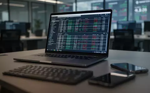 Ein moderner, in gedimmtes Licht getauchter Büroarbeitsplatz mit einem Laptop, auf dem Sicherheitsdaten zu sehen sind. - Foto: über boerse-global.de