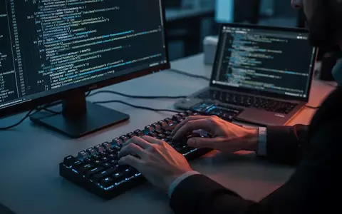 Ein Sicherheitsforscher arbeitet an einem Laptop in einem abgedunkelten Büro mit komplexem Programmcode auf dem Bildschirm. - Foto: über boerse-global.de