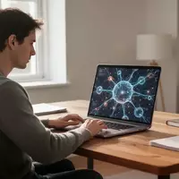 Eine Person sitzt an einem modernen Schreibtisch und arbeitet an einem Laptop, auf dessen Bildschirm abstrakte Datenvisualisierungen zu sehen sind. - Foto: über boerse-global.de