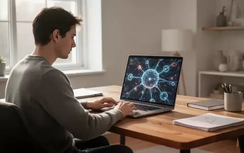 Eine Person sitzt an einem modernen Schreibtisch und arbeitet an einem Laptop, auf dessen Bildschirm abstrakte Datenvisualisierungen zu sehen sind. - Foto: über boerse-global.de