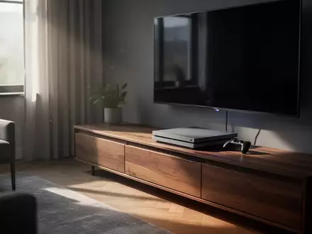 Eine moderne Spielkonsole auf einem TV-Board in einem minimalistisch eingerichteten Wohnzimmer. - Foto: über boerse-global.de