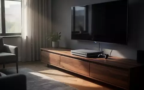 Eine moderne Spielkonsole auf einem TV-Board in einem minimalistisch eingerichteten Wohnzimmer. - Foto: über boerse-global.de