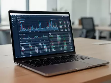 Ein moderner Laptop auf einem Schreibtisch zeigt auf dem Bildschirm eine Systemüberwachungssoftware mit Leistungsdaten. - Foto: über boerse-global.de