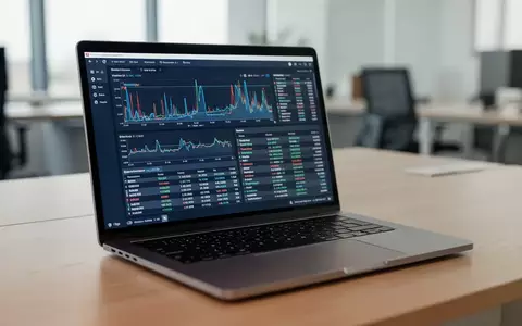 Ein moderner Laptop auf einem Schreibtisch zeigt auf dem Bildschirm eine Systemüberwachungssoftware mit Leistungsdaten. - Foto: über boerse-global.de