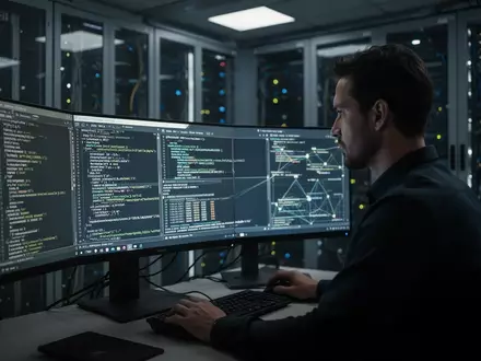 Ein IT-Sicherheitsexperte arbeitet in einem modern beleuchteten Serverraum an der Behebung kritischer Sicherheitslücken. - Foto: über boerse-global.de