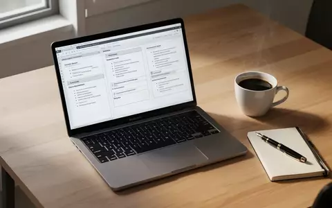 Ein moderner, aufgeräumter Schreibtisch mit einem Laptop, auf dem eine strukturierte Dokumentenvorlage zu sehen ist. - Foto: über boerse-global.de