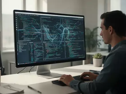 Ein Softwareentwickler arbeitet an einem modernen Computerbildschirm, auf dem komplexe Datenströme und Programmcode zu sehen sind. - Foto: über boerse-global.de