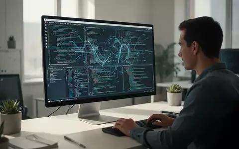 Ein Softwareentwickler arbeitet an einem modernen Computerbildschirm, auf dem komplexe Datenströme und Programmcode zu sehen sind. - Foto: über boerse-global.de