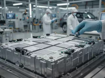 Nahaufnahme von modernen Lithium-Ionen-Batteriezellen in einer hochmodernen Fertigungshalle für Automobilkomponenten. - Foto: über boerse-global.de