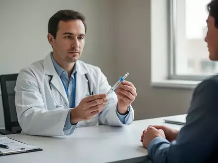 Ein Arzt berät einen Patienten in einer modernen Praxis und hält einen medizinischen Injektions-Pen in der Hand. - Foto: über boerse-global.de
