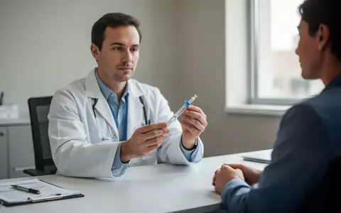 Ein Arzt berät einen Patienten in einer modernen Praxis und hält einen medizinischen Injektions-Pen in der Hand. - Foto: über boerse-global.de