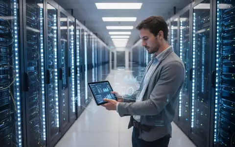 Ein Techniker in einem modernen Rechenzentrum mit leuchtenden Server-Racks, die die KI-Infrastruktur von Microsoft Azure symbolisieren. - Foto: über boerse-global.de