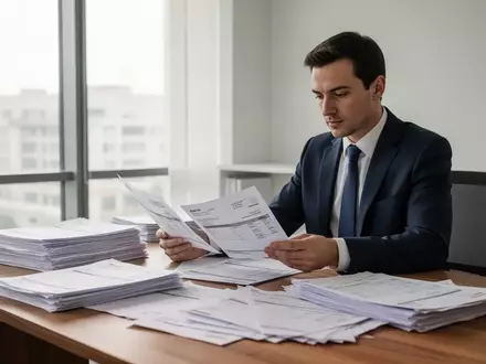 Ein Steuerberater sitzt an einem Schreibtisch und prüft Finanzdokumente in einem hellen, modernen Büro. - Foto: über boerse-global.de