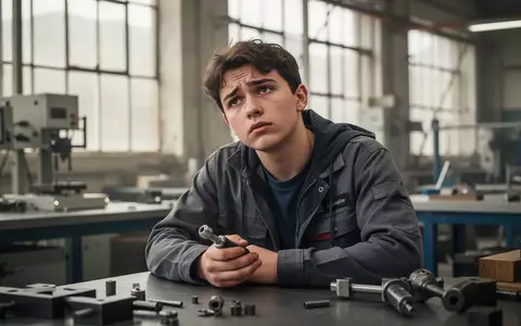 Ein junger Auszubildender sitzt nachdenklich und erschöpft an einem Werkbankplatz in einer modernen Werkstatt. - Foto: über boerse-global.de