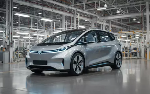 Ein futuristisches, lenkradloses Cybercab-Fahrzeug in einer modernen Tesla-Produktionshalle. - Foto: über boerse-global.de