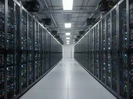Reihen von Server-Racks in einem modernen Hyperscale-Rechenzentrum mit blinkenden Statusleuchten. - Foto: über boerse-global.de