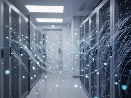Abstraktes, blau beleuchtetes Rechenzentrum, das Datensicherheit und moderne Verschlüsselungstechnologie symbolisiert. - Foto: über boerse-global.de