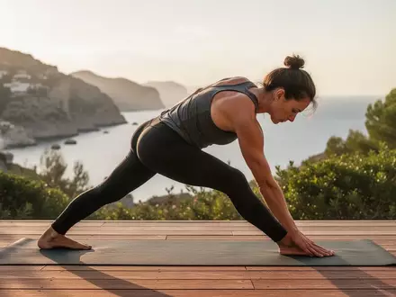 Eine Person praktiziert Vinyasa Yoga in fließender Bewegung auf einer Holzterrasse vor einer mediterranen Küstenkulisse. - Foto: über boerse-global.de