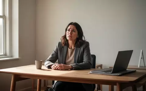 Erschöpfte Person am Schreibtisch in einem hellen Homeoffice, Laptop geschlossen, Fokus auf psychische Belastung durch Arbeit. - Foto: über boerse-global.de