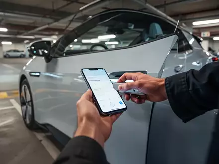 Eine Person hält ein Smartphone an den Türgriff eines modernen Elektroautos von Volkswagen, um es digital zu entriegeln. - Foto: über boerse-global.de
