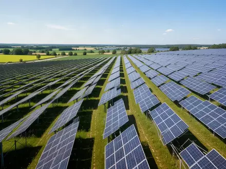 Weitläufiger Solarpark mit zahlreichen Photovoltaik-Modulen in einer grünen Landschaft bei sonnigem Wetter. - Foto: über boerse-global.de