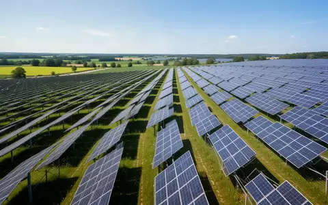 Weitläufiger Solarpark mit zahlreichen Photovoltaik-Modulen in einer grünen Landschaft bei sonnigem Wetter. - Foto: über boerse-global.de