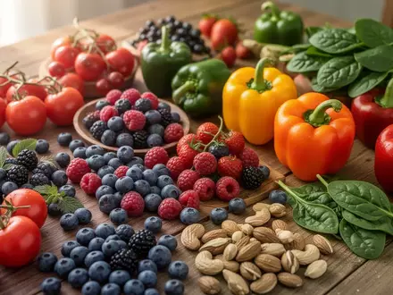 Eine Auswahl an frischem Obst und Gemüse auf einem Holztisch, die reich an Antioxidantien sind. - Foto: über boerse-global.de
