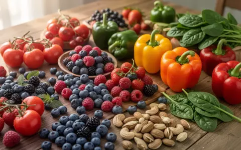 Eine Auswahl an frischem Obst und Gemüse auf einem Holztisch, die reich an Antioxidantien sind. - Foto: über boerse-global.de
