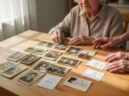 Ein älterer Mensch betrachtet in einer hellen, freundlichen Umgebung historische Fotos und visuelle Karten zur Erinnerungsarbeit. - Foto: über boerse-global.de