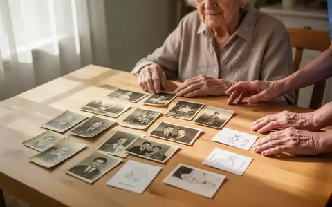 Ein älterer Mensch betrachtet in einer hellen, freundlichen Umgebung historische Fotos und visuelle Karten zur Erinnerungsarbeit. - Foto: über boerse-global.de