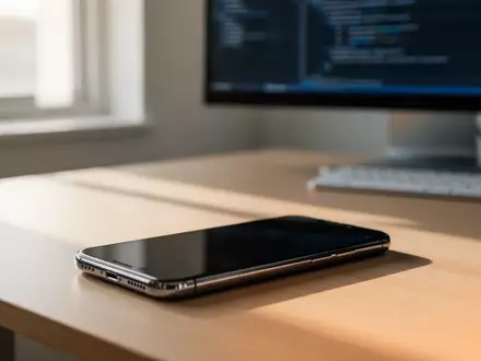 Ein modernes Smartphone auf einem minimalistischen Schreibtisch in einem hellen Büro, Fokus auf die Hardware-Ästhetik. - Foto: über boerse-global.de