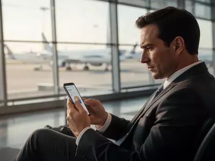 Ein Geschäftsreisender in einem sonnendurchfluteten Flughafen-Terminal, der auf sein Smartphone schaut. - Foto: über boerse-global.de