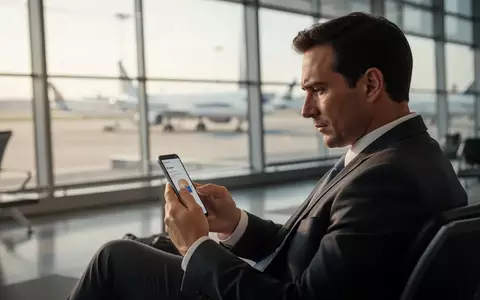 Ein Geschäftsreisender in einem sonnendurchfluteten Flughafen-Terminal, der auf sein Smartphone schaut. - Foto: über boerse-global.de
