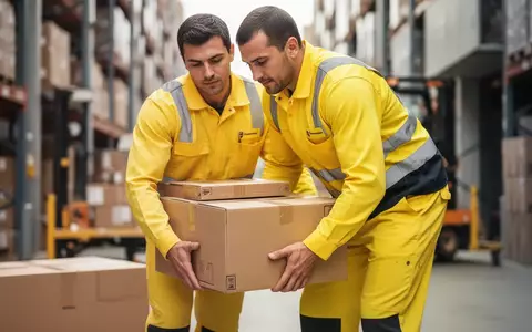 Ein Paketzusteller in Arbeitskleidung führt rückenschonende Hebetechniken bei der Zustellung von Sendungen aus. - Foto: über boerse-global.de