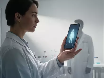 Eine Person nutzt ein Smartphone in einer hellen, klinischen Umgebung, um eine KI-gestützte Körperanalyse durchzuführen. - Foto: über boerse-global.de