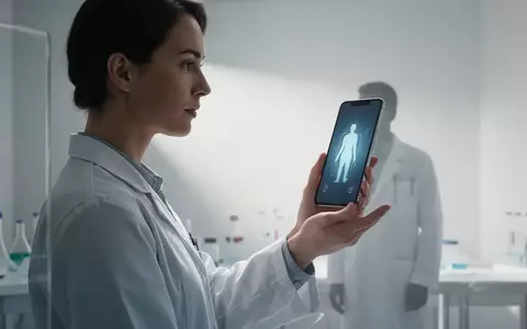 Eine Person nutzt ein Smartphone in einer hellen, klinischen Umgebung, um eine KI-gestützte Körperanalyse durchzuführen. - Foto: über boerse-global.de