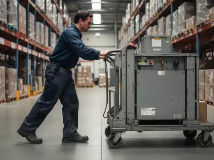 Ein Logistikmitarbeiter schiebt einen schweren Transportwagen in einem Lagerhaus zur ergonomischen Arbeitsplatzanalyse. - Foto: über boerse-global.de