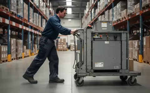 Ein Logistikmitarbeiter schiebt einen schweren Transportwagen in einem Lagerhaus zur ergonomischen Arbeitsplatzanalyse. - Foto: über boerse-global.de