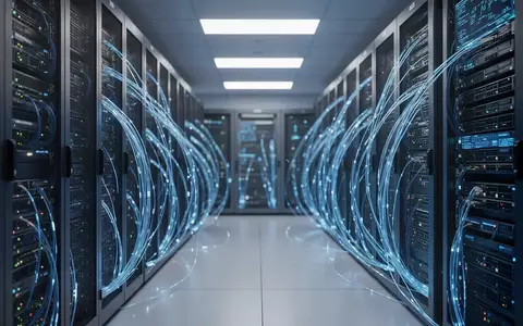 Moderne Serveranlage mit blau leuchtenden Glasfaserkabeln in einem Rechenzentrum. - Foto: über boerse-global.de