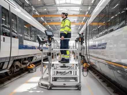Ein Techniker arbeitet auf einer mobilen Wartungsplattform an einem Schienenfahrzeug in einer modernen Werkstatt. - Foto: über boerse-global.de