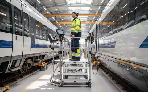 Ein Techniker arbeitet auf einer mobilen Wartungsplattform an einem Schienenfahrzeug in einer modernen Werkstatt. - Foto: über boerse-global.de