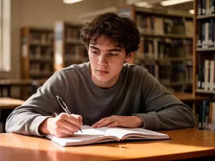 Ein Student sitzt an einem Schreibtisch in einer Bibliothek und schreibt nachdenklich in ein Notizbuch. - Foto: über boerse-global.de