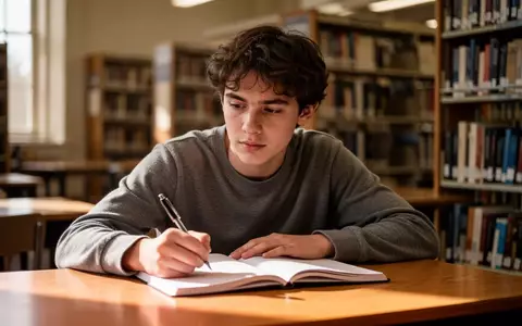 Ein Student sitzt an einem Schreibtisch in einer Bibliothek und schreibt nachdenklich in ein Notizbuch. - Foto: über boerse-global.de