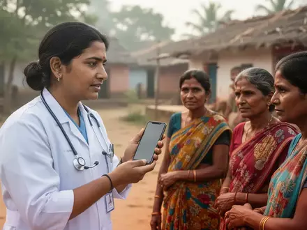 Eine indische Gesundheitshelferin nutzt ein Smartphone für die Beratung einer Familie in einem ländlichen Dorf. - Foto: über boerse-global.de
